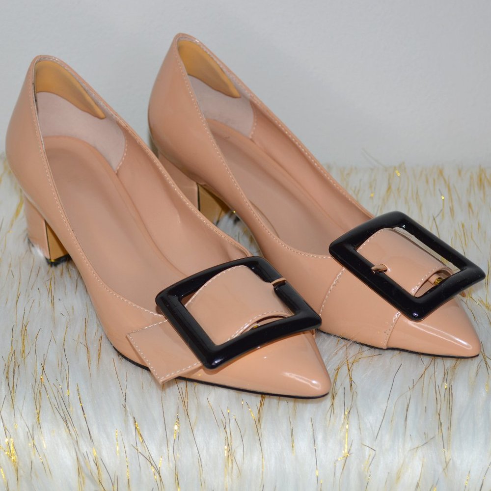 Nude Pointed Toe Pumps Chunky Block Heels